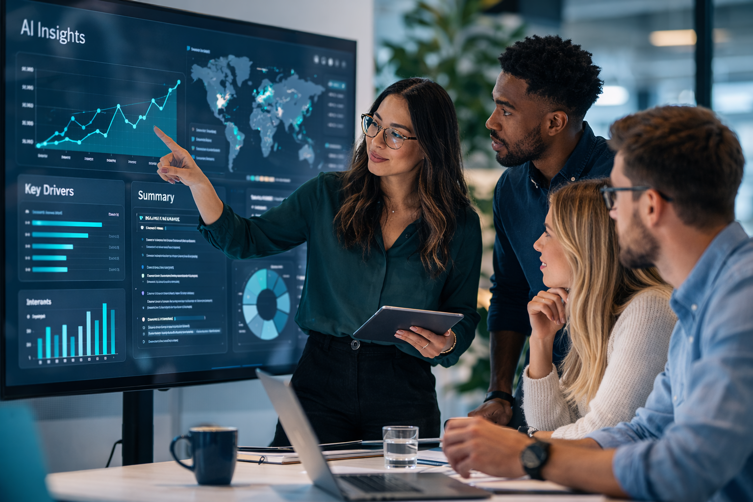 A diverse group of young professionals collaborating around AI insights data in a bright modern office